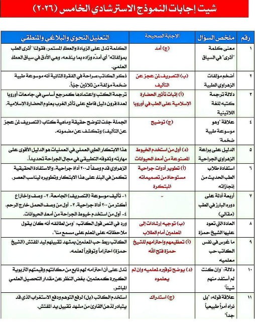 اجابات النموذج الاسترشادي الخامس عربي اجابات النموذج الاسترشادي الخامس عربي
